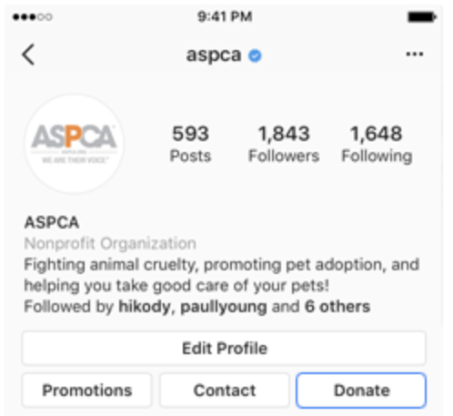 The ASPCA shows Instagram's donate button on their profile. This is one of the features that make Instagram a great nonprofit fundraising app.