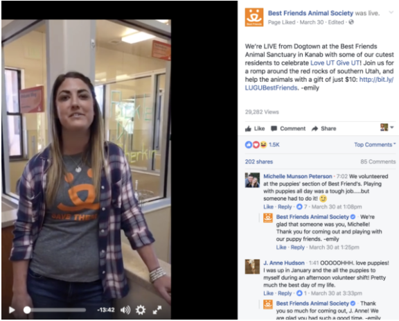 Best Friends Animal Society uses Facebook nonprofit fundraiser app's live video feature.